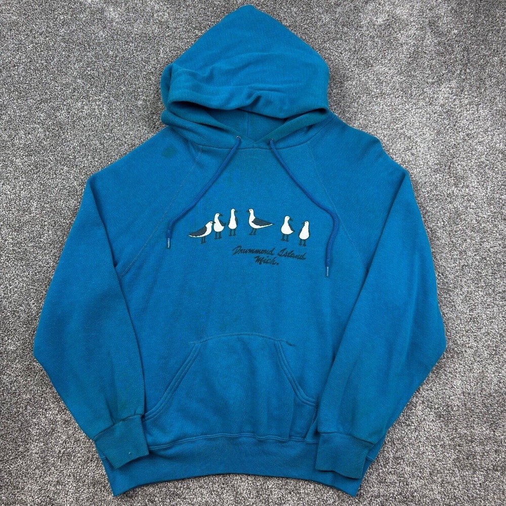 Vintage‎ Seagulls Hoodie Mens Large Blue Sweatshirt Drummond Island MI Nature